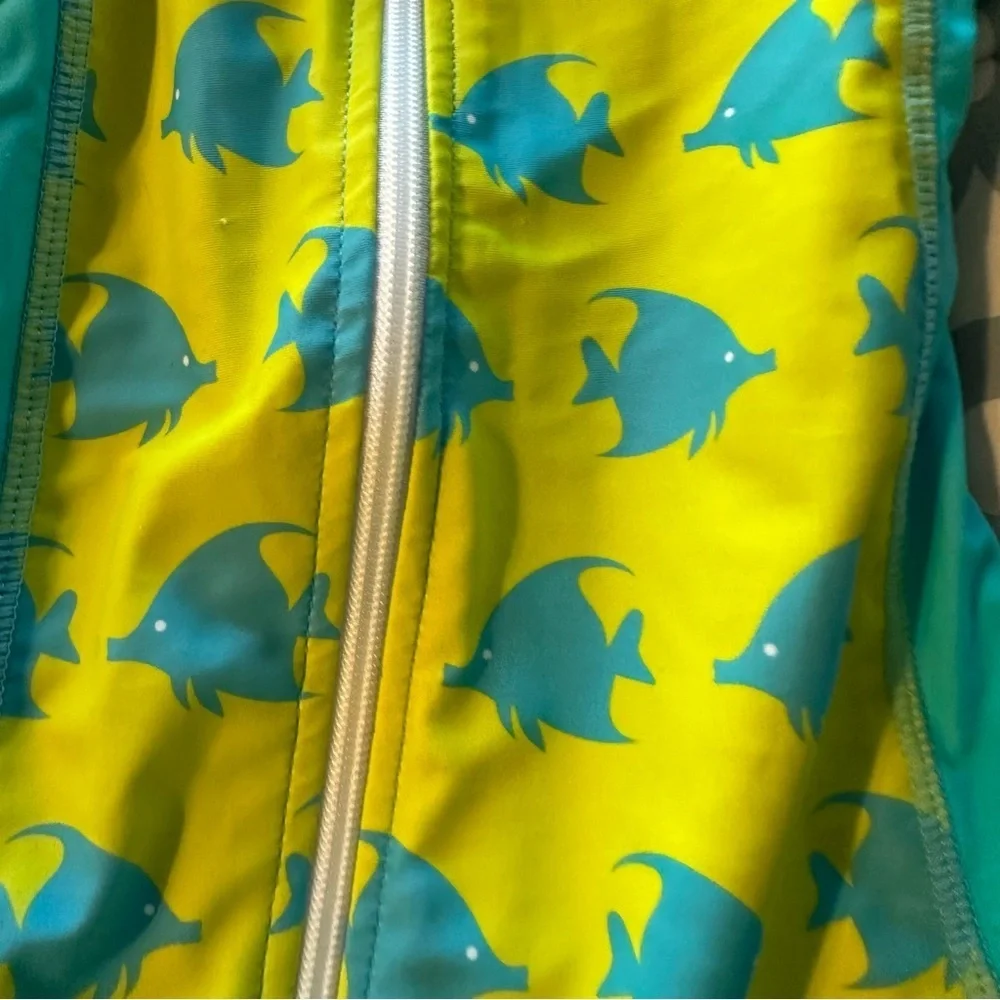 Yellow and Teal Fish Print Baby Swimsuit with Hat